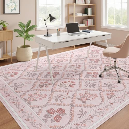 Dadasgk Pink Rug for Office Under Desk Rolling Chairs 4x6 Small Classroom Rug Reading Corner,Washable Boho Floral Hardwood Floor Mat for Baby Nursery Bedroom Living Room Kitchen Dinning Room