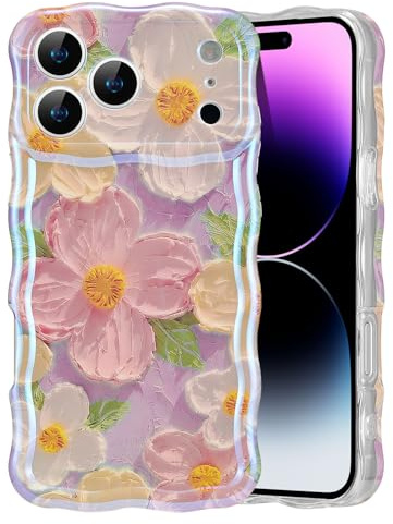 EYZUTAK Telefonskal för ny telefon Pro, färgglad vintage oljemålning blomma glänsande telefonfodral lockigt våg ram TPU slitstarkt reptåligt skyddsfodral - rosa