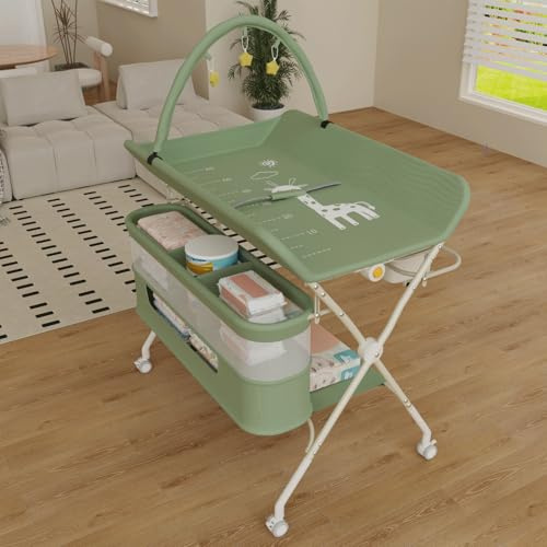 Table à Langer Pliable, Plan à Langer 2 Tiroirs en Tissu, Panier Latéral et Tringle de Suspension, Meuble pour Bébé Réglable en Hauteur, avec roulettes Verrouillables,75 * 68 * 83-91cm (B) Vert