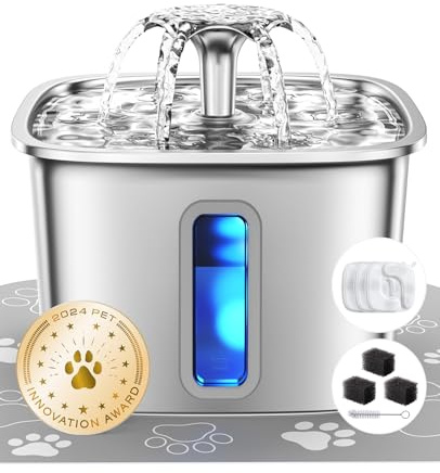 Veken Innovation Award Winner Stainless Steel Cat Water Fountain, 108oz/3.2L Automatic Pet Fountain Dog Water Dispenser with 3 Replacement Filters & Silicone Mat, Gifts for Cats, Dogs (Silver)