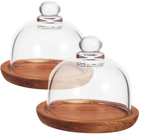 VERDANVERSE 2 Pcs Glass Cake Dome with Wooden Base Acacia Wood Cake Display Stand with Handle Cover for Butter Desserts Pastries Compact Food Display Plate for Home and Parties