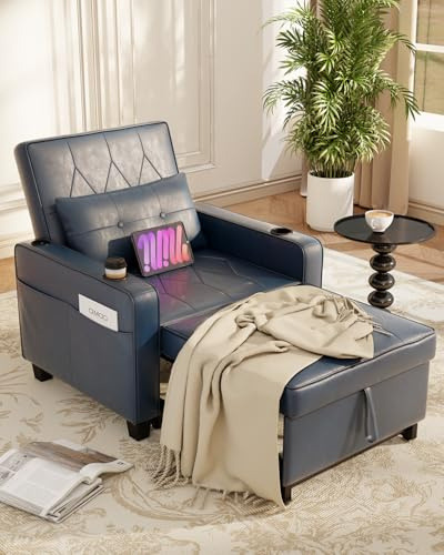AILEEKISS 3 in 1 Convertible Sleeper Chair Bed Pull Out Leather Sofa Chair Bed with Cup Holders,USB & Type C Ports,Side Pockets Sleeper Single Sofa Couch for Livingroom,Apartment,Office(Blue)