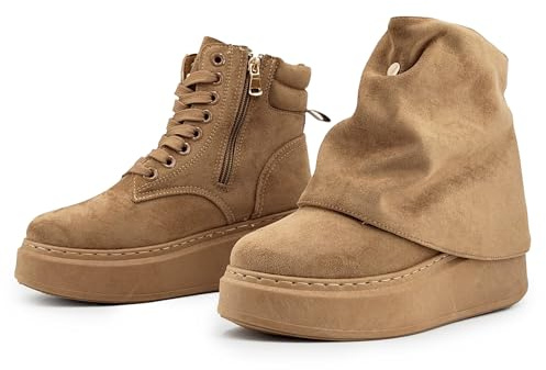 JOMIX Chaussures Femme Hiver Bottines Suédées Cheville 2-en-1 Double Style Cozy Clean Semelle Plateforme Légère Antidérapantes Zip Latéral Lacets Chaudes à la Bottes Hiver WFB255309 Chameau 40