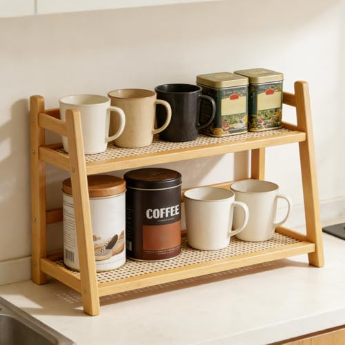 Organisateur de cuisine : étagère à tasses, 45,5 x 18,3 x 4,2 cm, porte-tasse à café, étagère à café pour plan de travail, porte-tasses, étagère de cuisine, porte-tasses à double niveau, support pour