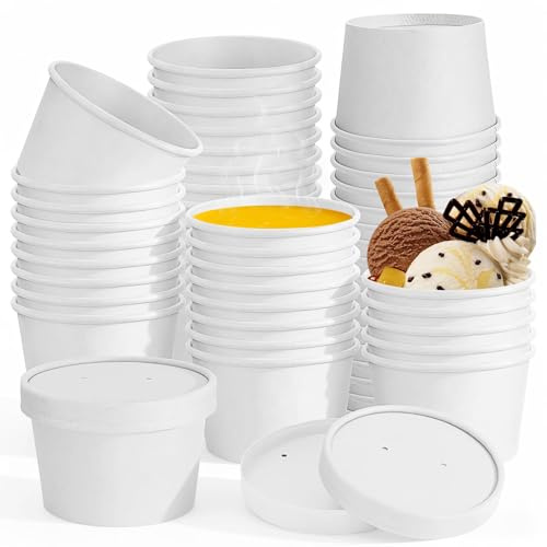 XJGQZ 100 Pack 8 oz Paper Soup Bowls Containers with Vented Lids, White | Waterproof and Greaseproof; Secure-Fit Lid; Durable Food-Grade Kraft Paper; Stackable Design; Ideal for Takeout