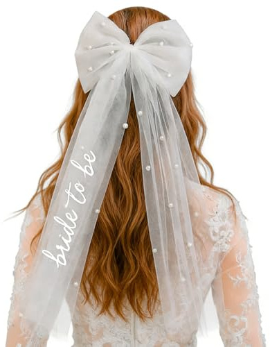 Bride to Be Bow Veil with Pearls, White Bridal Hair Bow Clip with Veil for Bachelorette Party, Bridal Shower, Wedding Morning, Engagement Photo Accessory