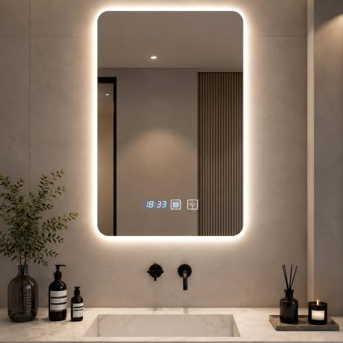 Viugreum 50x70cm Badezimmerspiegel, LED Badspiegel mit BeleuchtungWandspiegel LED Badspiegel mit Beleuchtung, 3 Lichtfarbe Einstellbare Spiegel Bad mit Beleuchtung, Touch-Schalter, Memory-Funktion