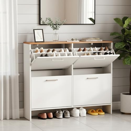 LEADZM Schuhschrank Schmal,Schuhkipper 106,5 x 24 x 90 cm Weiß | mit 4 Flip-Schubladen Schuhregal für den Eingang, Flur, Wohnzimmer