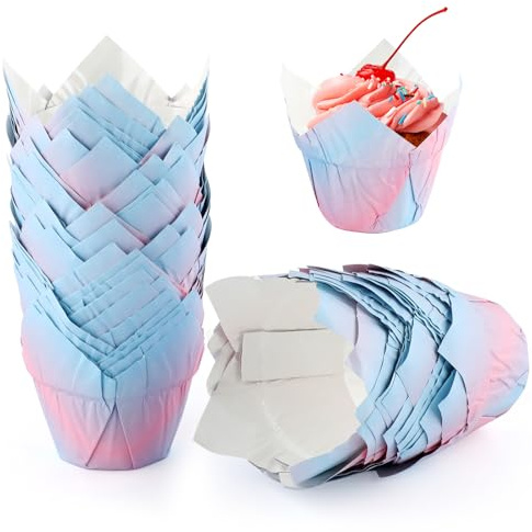 50 Stück Muffinförmchen Papier, Tulpe Muffins Papierförmchen, Backbecher Papier, Mini Muffins Papierförmchen, Fettdicht, Cupcake Backbecher für Hochzeit, Geburtstag, Party, Kuchen Backen(Blau-Rosa)