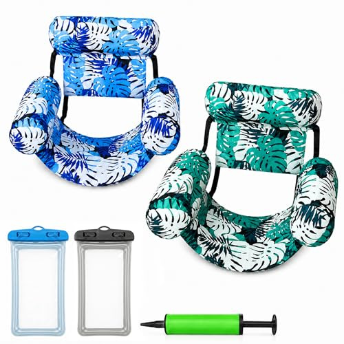 TootyTots Wasserhängematte Pool Erwachsene 2er Set Aufblasbarer Schwimmsessel mit Stoffbezug Rückenlehne Handpumpe und 2 Wasserdichten Handytaschen Wasserliege für Sommer Urlaub Strand Badesee Lounge