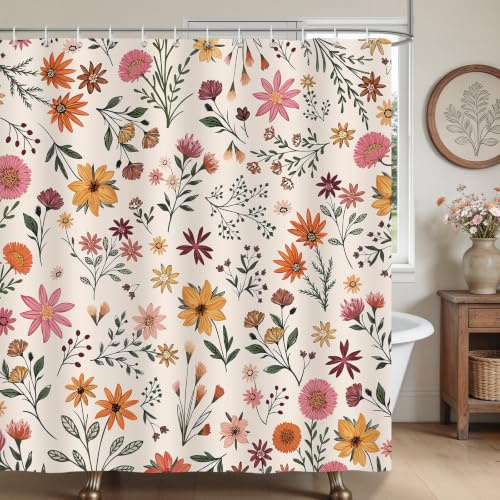 Bonhause Duschvorhang Boho Blumen Blätter Vintage Pflanze Beige Duschvorhänge 180 x 180 cm Anti-Schimmel Wasserdicht Polyester Stoff Waschbar Bad Vorhäng für Badzimmer mit 12 Haken