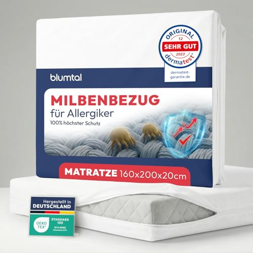Blumtal Premium Milbenbezug Matratze 160x200 cm - DERMATEST geprüfte Evolon-Qualität milbendicht - Anti-Milben Matratzenbezug 160x200x20 cm - Oeko-TEX zert. Mikrofilament-Textil aus Deutschland