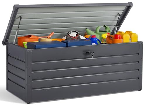 DKIEI 600L Extra Large Garden Storage Box Waterproof | Lockable Metal Garden Storage Box with Built-in Lock, XXL Outdoor Storage Unit for Cushion, Tools, Toys, 165x70x62 cm, Anthracite Grey