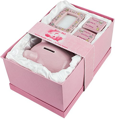 BRUBAKER Mein erstes Sparschwein - Geschenkset - Rosa | für erstes Spargeld, Milchzähne, Haare inkl. Bilderrahmen - Baby Geschenk für Taufe und Geburt