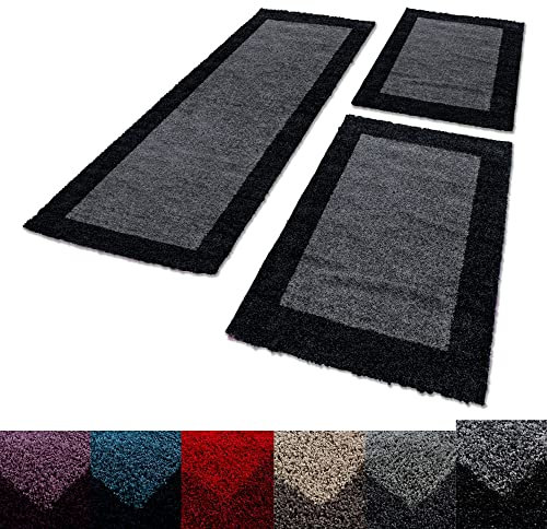 Shaggy Hochflor – Alfombra Carpet 3 piezas para cama camino Set Dormitorio Piso, polipropileno, antracita, 2x60x110+1x80x250