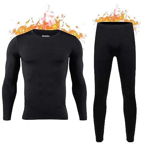 HEROBIKER Mens Thermal Underwear Set Skiing Winter Warm Base Layers Tight Long Johns Top & Bottom Set with Fleece Lined Black X-Large