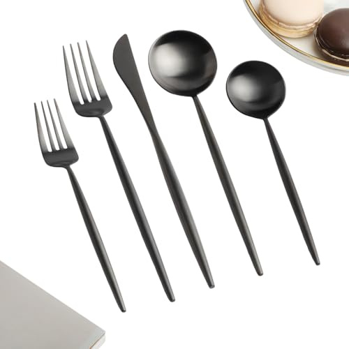 Homelux Theory Adaline Royal Ensemble de couverts modernes en acier inoxydable 18/10 noir mat | 5 pièces | Meilleur ensemble de couverts pour 4 personnes (4 ensembles, noir mat poli)