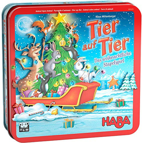 HABA 305525 - Tier auf Tier – Das weihnachtliche Stapelspiel, Geschicklichkeitsspiel für 2-4 Spieler ab 4 Jahren, das beliebte HABA Spiel mit weihnachtlichen Motiven