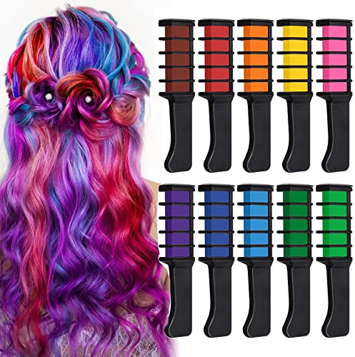 EBANKU 10 Colores Peines de Tiza Hipoalergénico Temporales de Cabello Tinte no Tóxico Lavables Para niños Pelo teñido, Fiesta, Navidad y Cosplay DIY