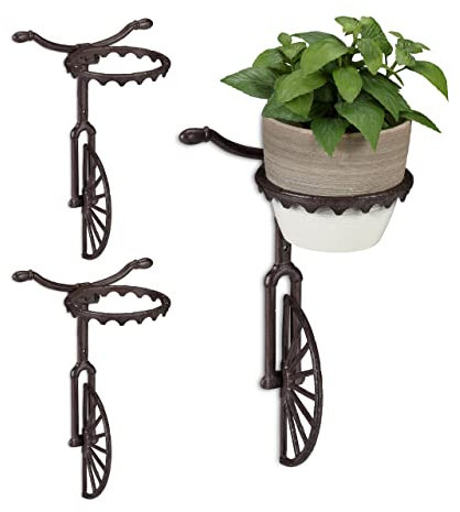 Relaxdays Set of 3 Unicycle Wall-Mount Flower Racks, Cast Iron, Outdoor Ornament, Weatherproof, Ø 13 cm, Dark Brown