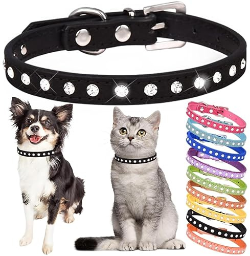 Hundehalsband mit Strasssteinen, niedlich, Kristall, Diamanten, Katzenhalsband, weiches Leder, Kätzchen, Welpen, Halsbänder, verstellbar, für kleine, mittelgroße Hunde, Schwarz, XXS
