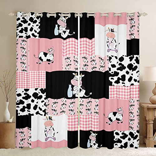 Lindas cortinas opacas con estampado de vaca lechera (30%-50%) para niños y niñas, dibujos animados de vaca lechera sueños geométricos Pliad animales de granja tratamientos de ventana de 66 x 90 pulg