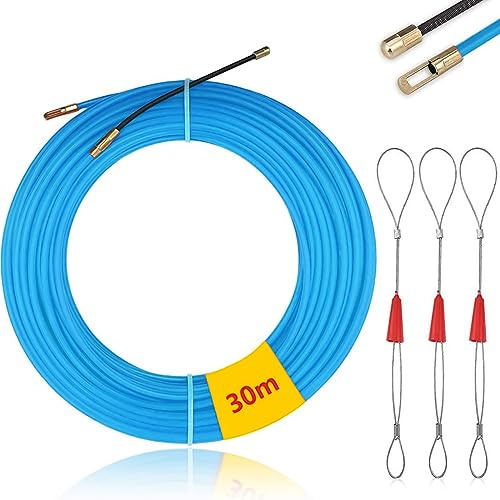Mis.Moon Sonda Elettricista 30M, Passacavi, Tiracavi Con 3 Molla Di Guida, Spiralata Acciaio Inox, Cavo, Ø 4 mm (Blu)
