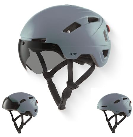 GOOFF Pilot S-Pedelec Helm in Grau - Schutz für schnelle E-Bike Fahrten – Fahrradhelm mit Visier und Licht – NTA 8776-zertifizierter Zweirathelm für Damen und Herren (Warmes Grau, M)
