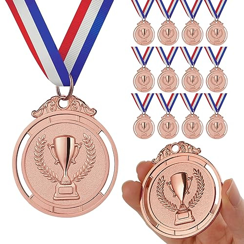 GeeRic 12 Pièces Médaille de Bronze avec Rubans de Cou, Médaille de Récompense pour Enfants, Médailles Gagnantes Prix d'or pour Sports, Compétitions, Fête, Style Olympique 5cm