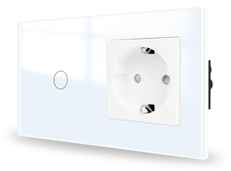 JIMEIDA Touch-strömbrytare med uttag, vit, infälld, 1-fack, 1-vägs, glaspanel och status-LED-väggbrytare, ingen neutral ledare krävs, 157 x 86 mm