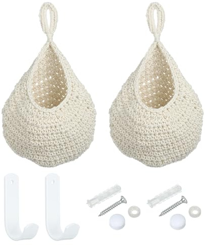 PATIKIL Hanging Fruit Baskets for Kitchen, 2 Pack Large Size Teardrop Home Decor Storage Hand-Woven Wall Hanging Basket for Garlic Potato Vegetable, Beige