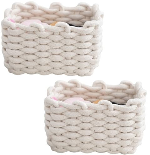 2er Set Aufbewahrungskorb Geflochten Baumwolle Strickkorb, Korb Aufbewahrung Klein Körbchen Wickeltisch Organizer, Dekorative Quadratische Speicher Regalkörbe Für Schminke Socken Spielzeug (Weiß)