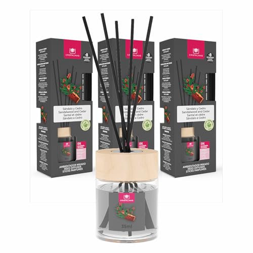 Cristalinas 35ml Sandalwood & Cedar Air Fresheners for Home - Reed Diffusers for home - Home Fragrance Lasts upto 8 weeks - Room Diffuser Sticks with Coloured Fragrance Oil - Pack of 3
