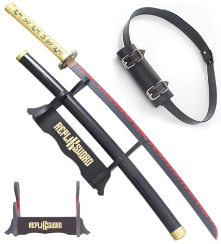 REPLIKSWORD Demon Slayer Katana Yoriichi en Bois Lame Decoration Sabre Yorichi Epee Kimetsu No Yaiba Tsugikuni Cosplay + Presentoir Inclus + Ceinturon