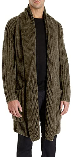 Runcati Gilet en tricot pour homme à col châle long Pull épais en tricot pour l'automne et l'hiver Veste en tricot à col montant à l'avant, Vert, M