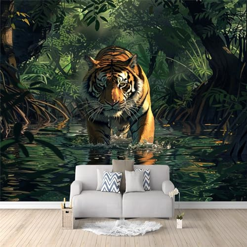 Papier Peint Intissé Tigre animal de la forêt verte Décoration Photo Murale 200 x 140 cm Moderne pour Salon Chambre Bureau et Couloir - Peinture Murale en Laine Papier Peint