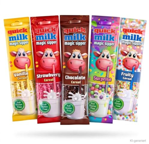 Lot de 16 paquets de 5 pailles au lait rapide, fraise, chocolat, vanille et goût fruité avec protection de transport Genussleben