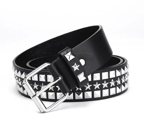 GIMIRO Ceinture Punk en Cuir Noir avec Clous et Étoiles, Boucle Argentée, Style Rock, Largeur de 3,8 cm