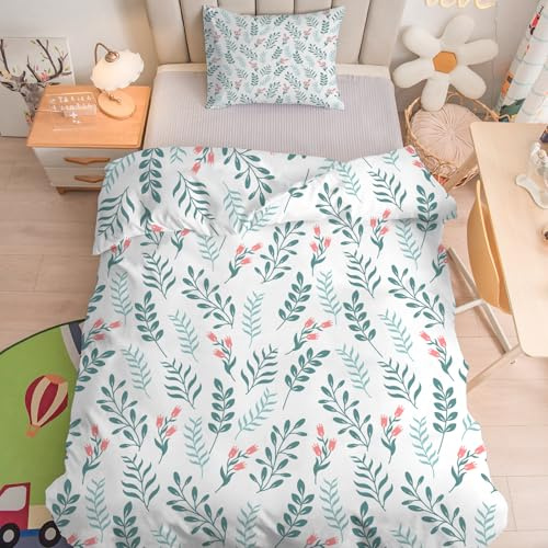 Linfye Parure de lit pour Enfant et BéBé Feuilles Blanches Housse de Couette 100x135 cm Bebe et Taie d'oreiller 40x60 cm, Vert Rose Réversible Ensemble de Literie Linge de Lit pour Tout-Petits
