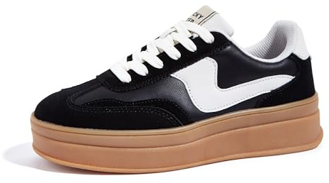 LUCKY STEP Plattform för kvinnor mode sneakers tjock sula mocka äkta läder klassisk gummi gummi gummi sula låg topp vardagliga promenadskor, svart/vit, 39 EU