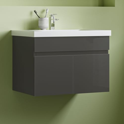 Aica Sanitär Waschtisch mit Unterschrank 60cm Bergen Badmöbel Set Hochglanz Anthrazit Waschbecken mit Unterschrank MDF Softclose