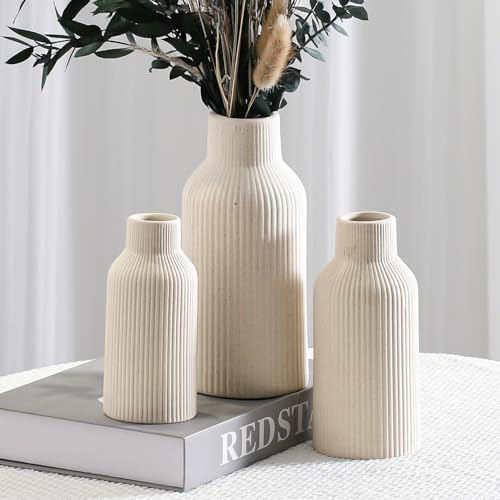 Hanaomaoyi Beige Keramik Blumenvase 3er Set Pampasgras Kleine Vase für Dekor, Esstisch, Regaldekor, Kaminsims, Eingangsdekor und Tafelaufsätze, minimalistisch modern, böhmisch
