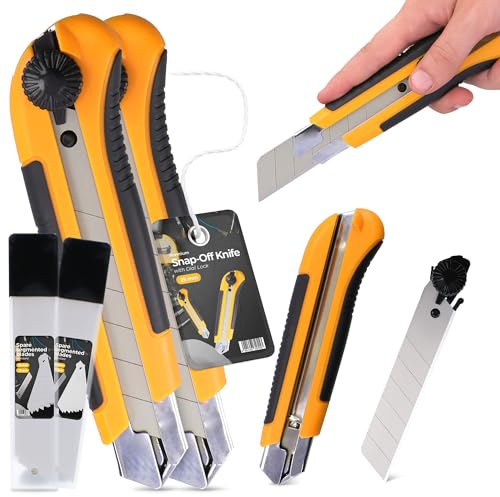2x Taglierino Cutter Professionale 25 mm Taglierina per Moquette Pacchi Cartone Cutter Lama A Coltello In Metallo Pellicole Universale Tagli Precisione Autobloccante Con 22x Lama