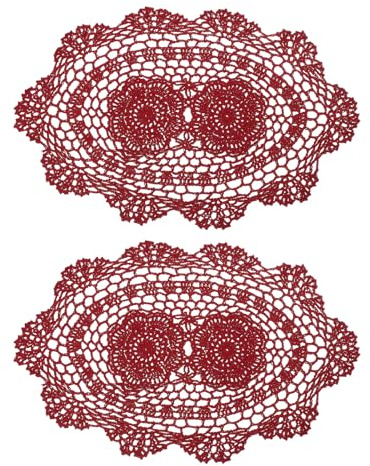 QUARKZMAN 2pz 16x10 pollici Centrini all'Uncinetto Fatti a Mano, Tovagliette in Poliestere Cotone Tovagliette Uncinetto Ovale per Feste Cucina Tavolo Pranzo, Rosso