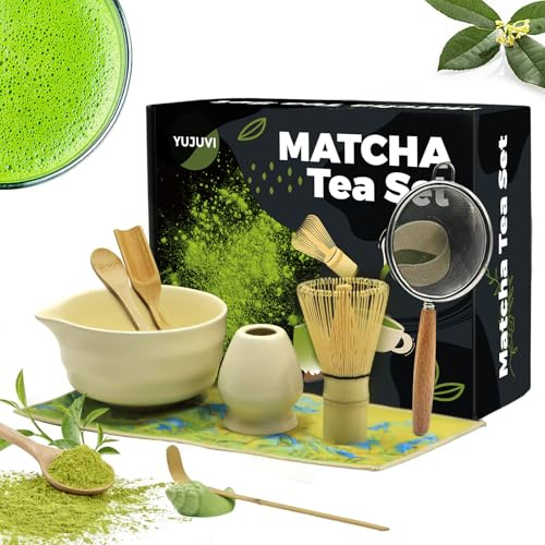 YUJUVI Té Matcha Kit de Ceremonia Japonesa Matcha Set 9 piezas Batidora de Matcha de Bambú, Cuenco de Matcha, Cuchara,Portacucharas, Kit de Ceremonia Matcha (Blanco Marfil)