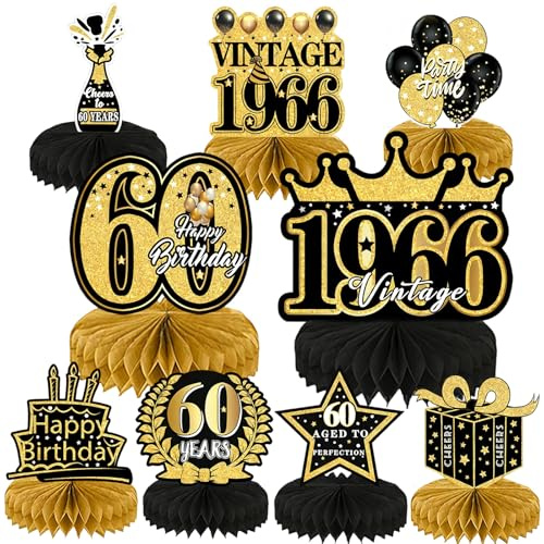 60th Birthday Decorations, Black & Gold Birthday Table Decorations, 9pcs Cheers to 60 Birthday Party Decor Supplies, Vintage 1966Honeycomb Centerpieces Happy 60th Bday for Men Women, Cake Toppers