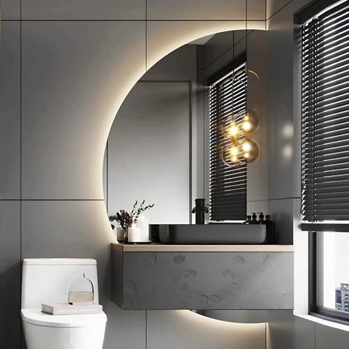 Mirocrafta Specchio da Bagno a Mezzaluna, Specchio da Trucco Anti-nebbia Intelligente, Specchio da Parete Senza Cornice Retroilluminato, 3 Colori Dimmerabile, HD Antideflagrante Sicurezza(Right Cut,11