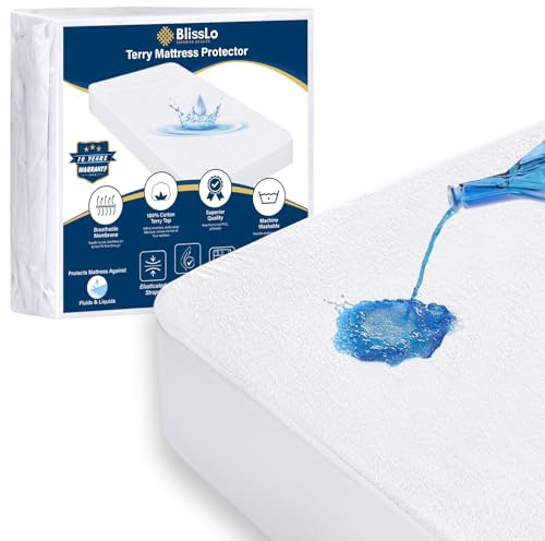Blisslo Waterproof Mattress Protector Size Queen, Terry Towelling Mattress Protector Cotton, Super Absorbent, Anti Allergy Washable, Breathable - 160x190x30cm