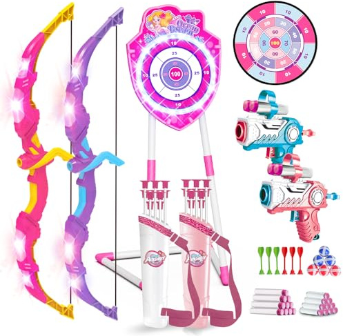 VATOS Lot de 2 jouets de tir à l'arc et aux flèches LED pour enfants de 5 à 12 ans, arc lumineux et cible à ventouse sirène, 73 cm, jeu de fléchettes pour l'intérieur et l'extérieur, cadeau pour