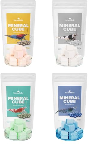 NatureHolic MineralCube - Confezione da 4 pezzi | Pure Mineral, Vitamine Power, Spinach Power & Blue Spirulina | Mangime minerale e permanente per gamberetti, lumache, granchi, granchi